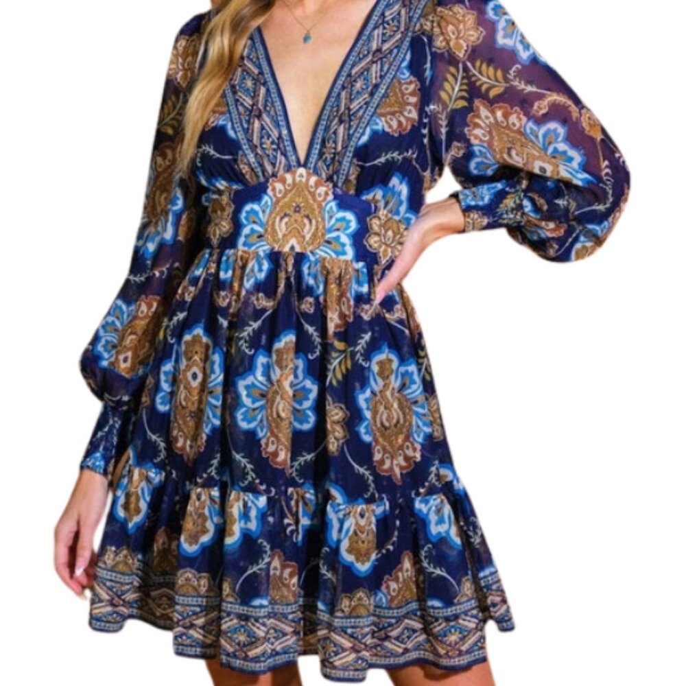 Printed Textured Woven Mini Dress